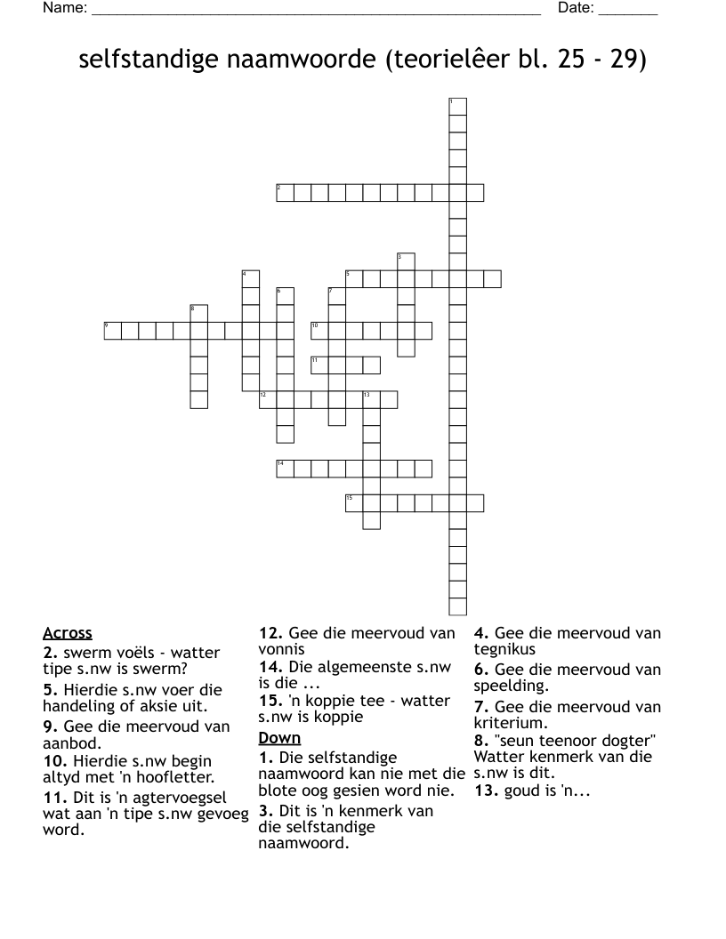 selfstandige naamwoorde  (teorielêer bl. 25 - 29) Crossword