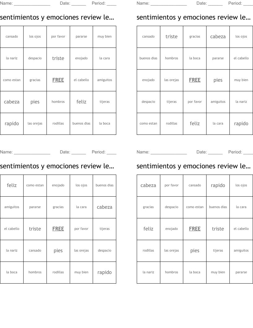 sentimientos y emociones review lesson-3 Bingo Cards