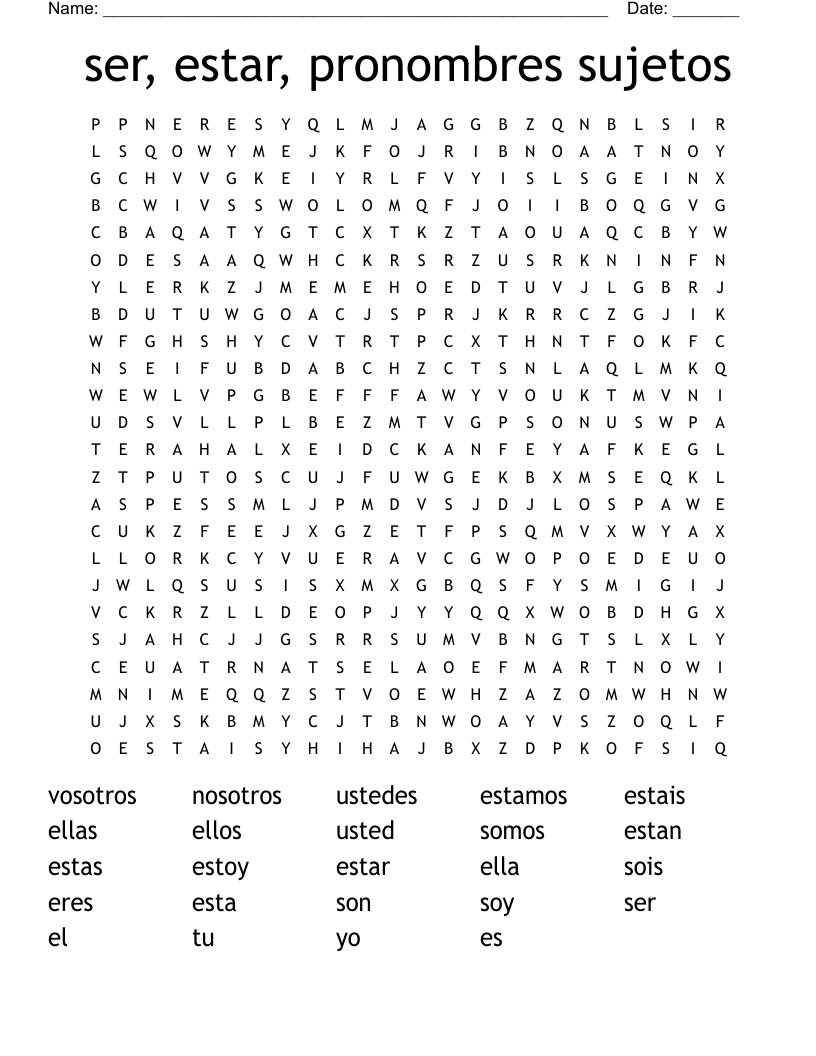 ser, estar, pronombres sujetos Word Search