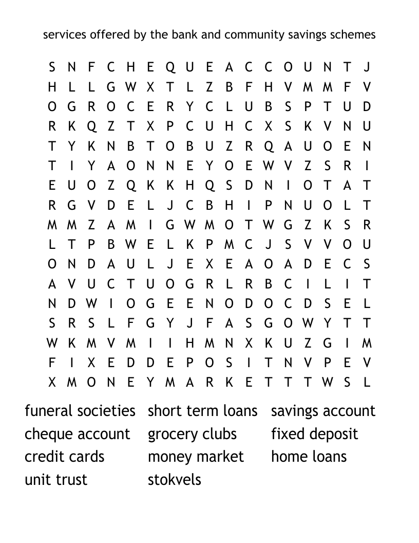 services offered by the bank and community savings schemes Word Search
