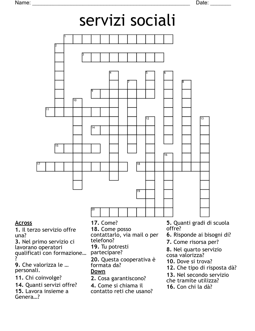 servizi sociali  Crossword