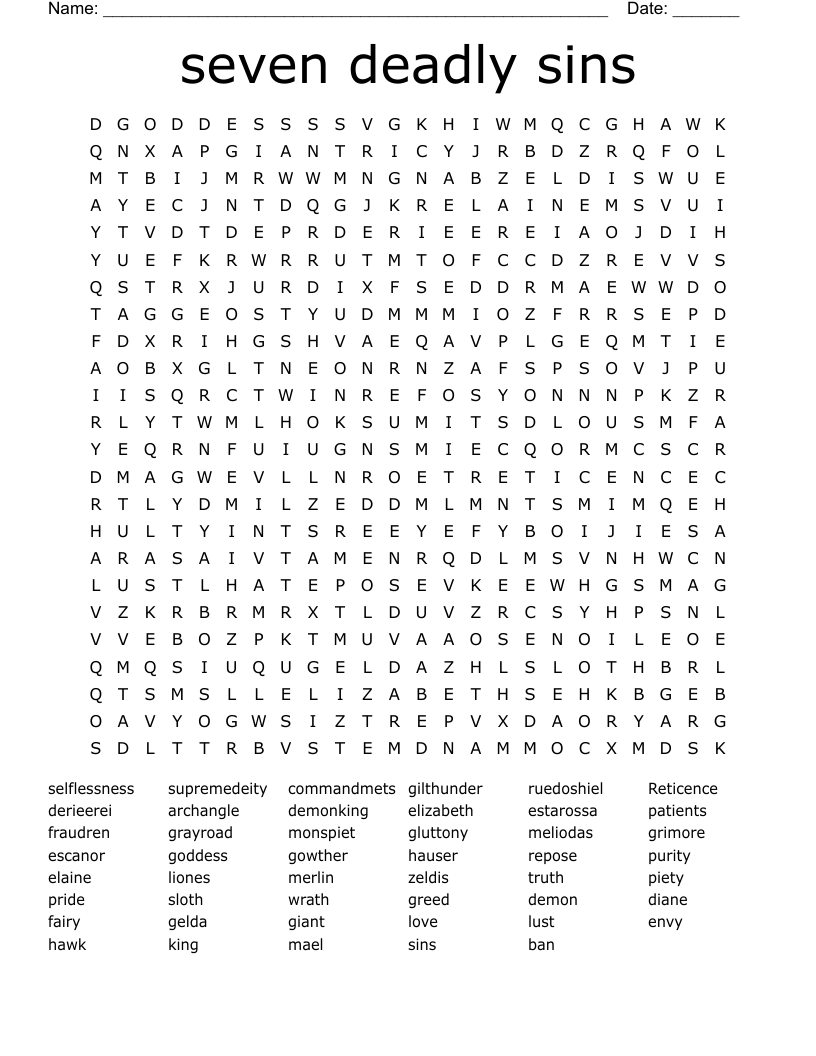 seven deadly sins Word Search