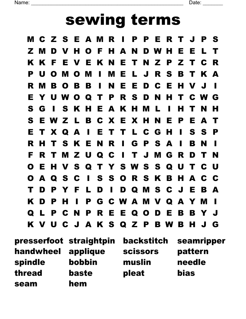 sewing terms Word Search