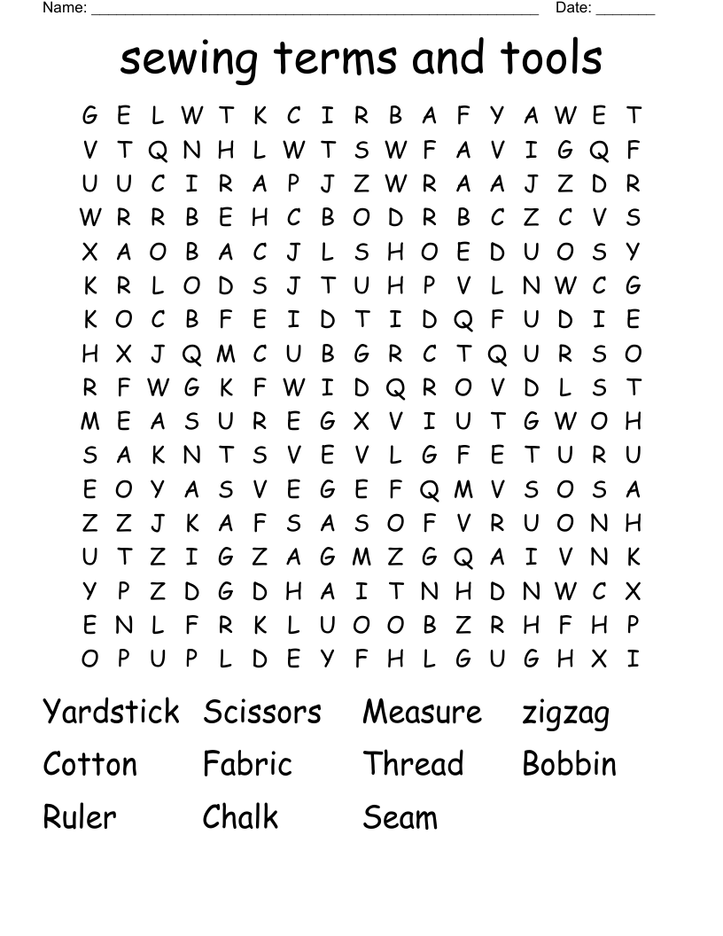 sewing terms and tools  Word Search