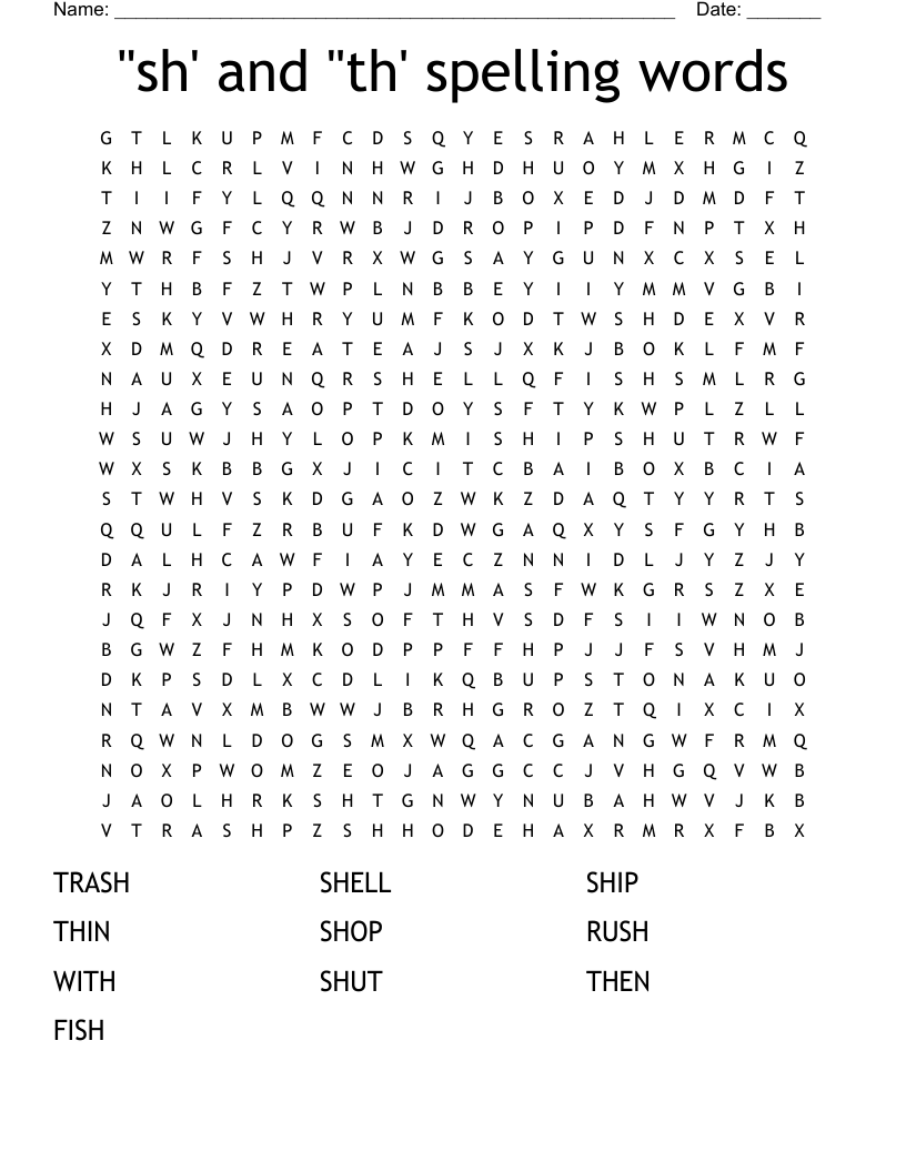 "sh' and "th' spelling words Word Search