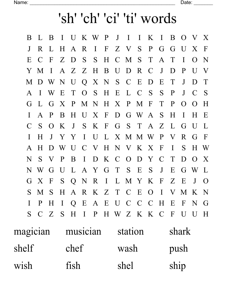 'sh' 'ch' 'ci' 'ti' words Word Search