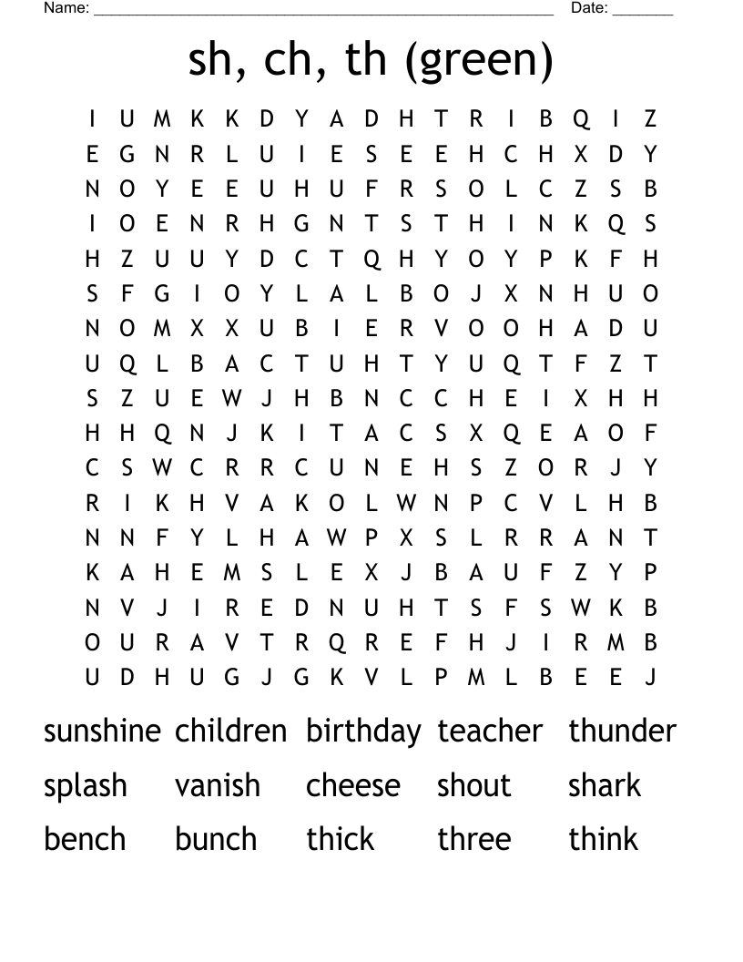 sh, ch, th (green) Word Search