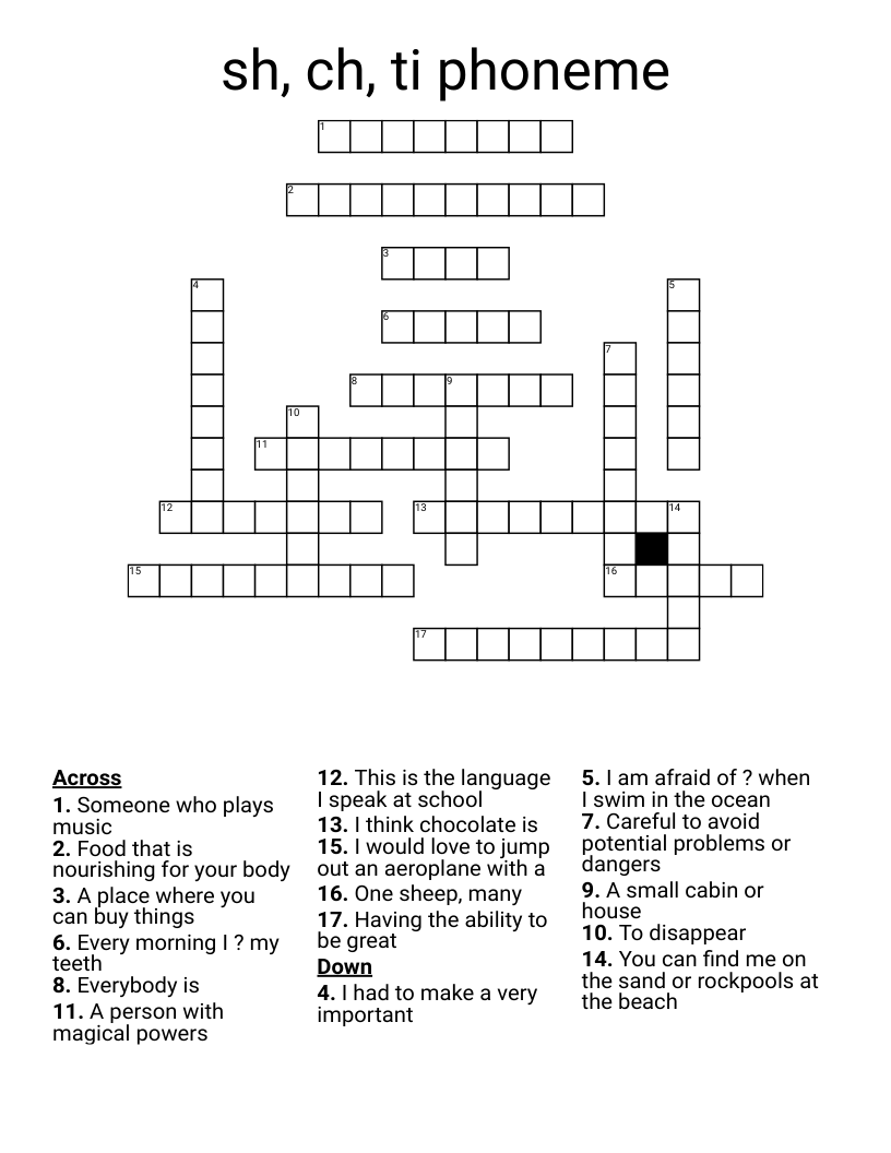 sh, ch, ti phoneme Crossword