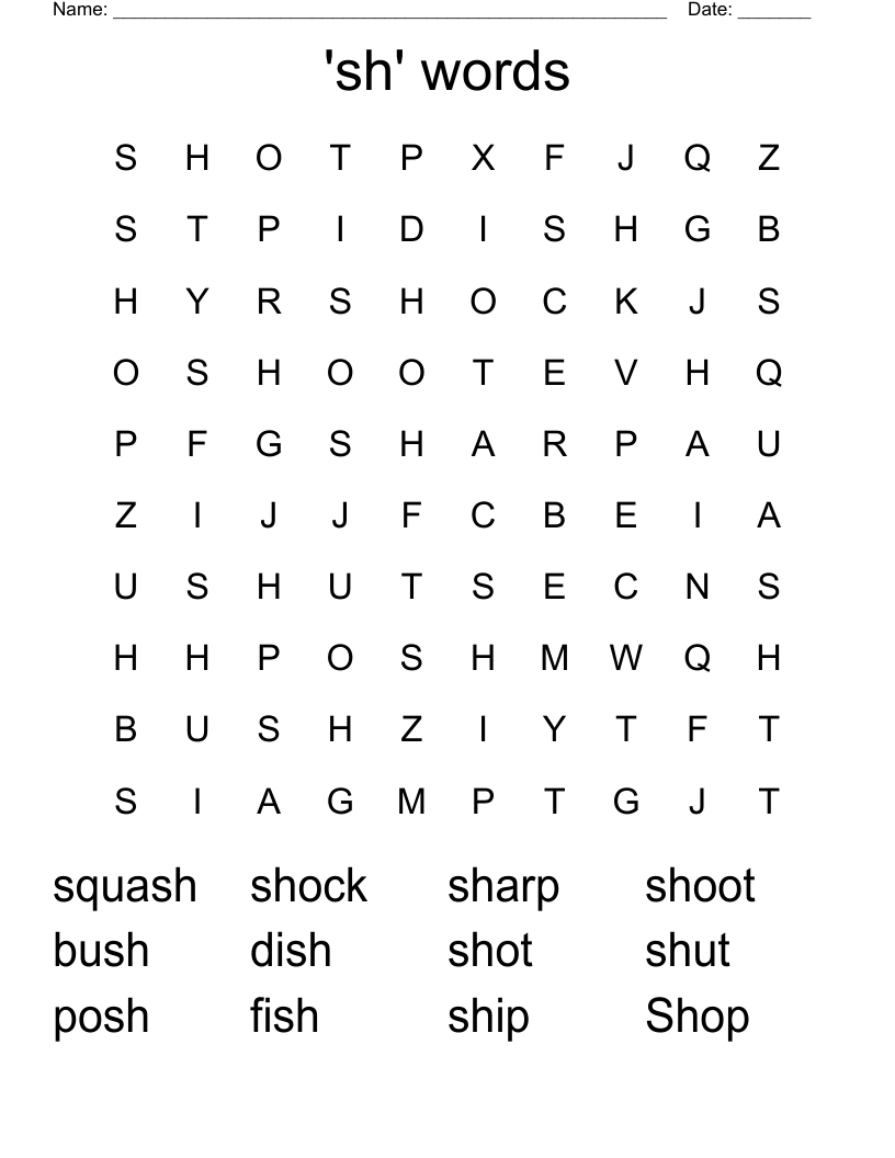 'sh' words Word Search