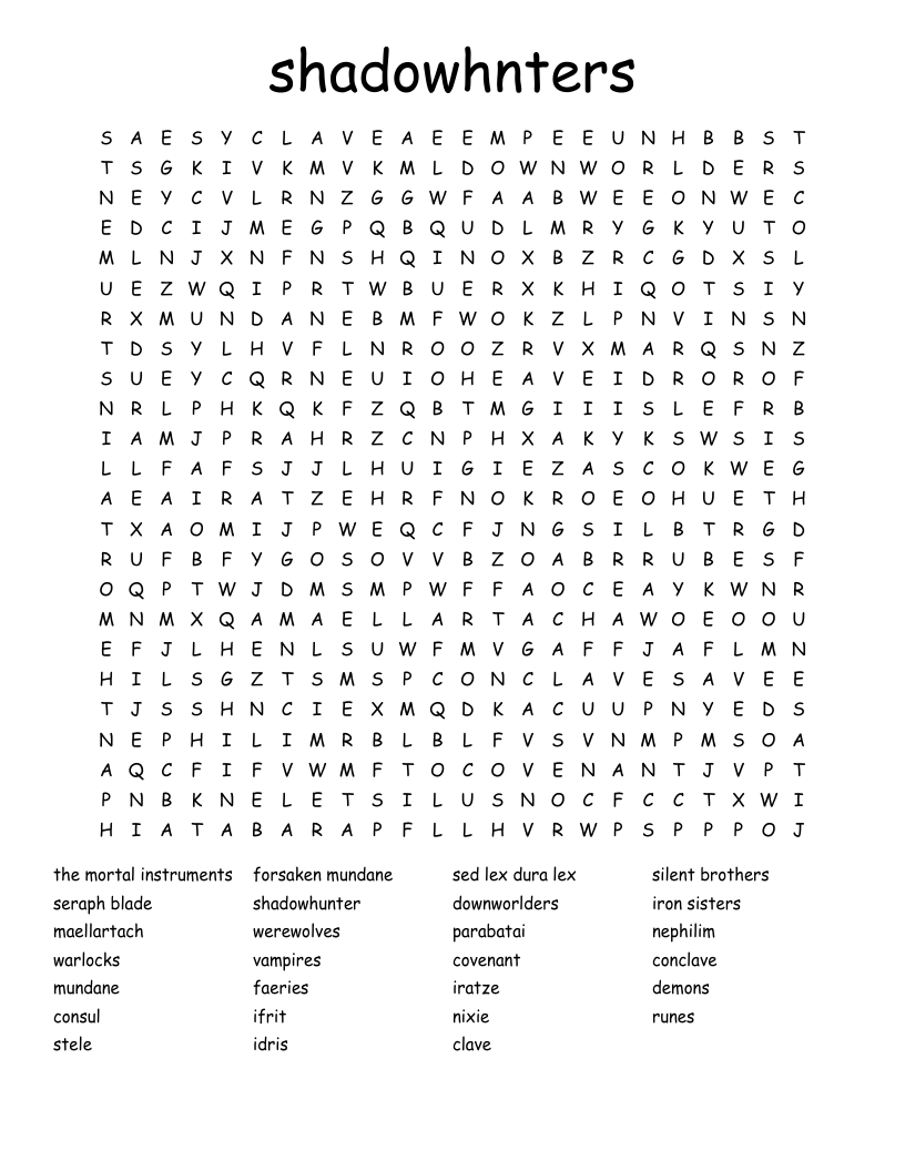 shadowhnters Word Search
