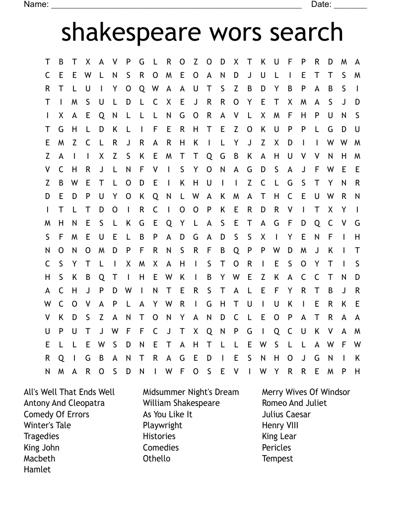 shakespeare wors search Word Search
