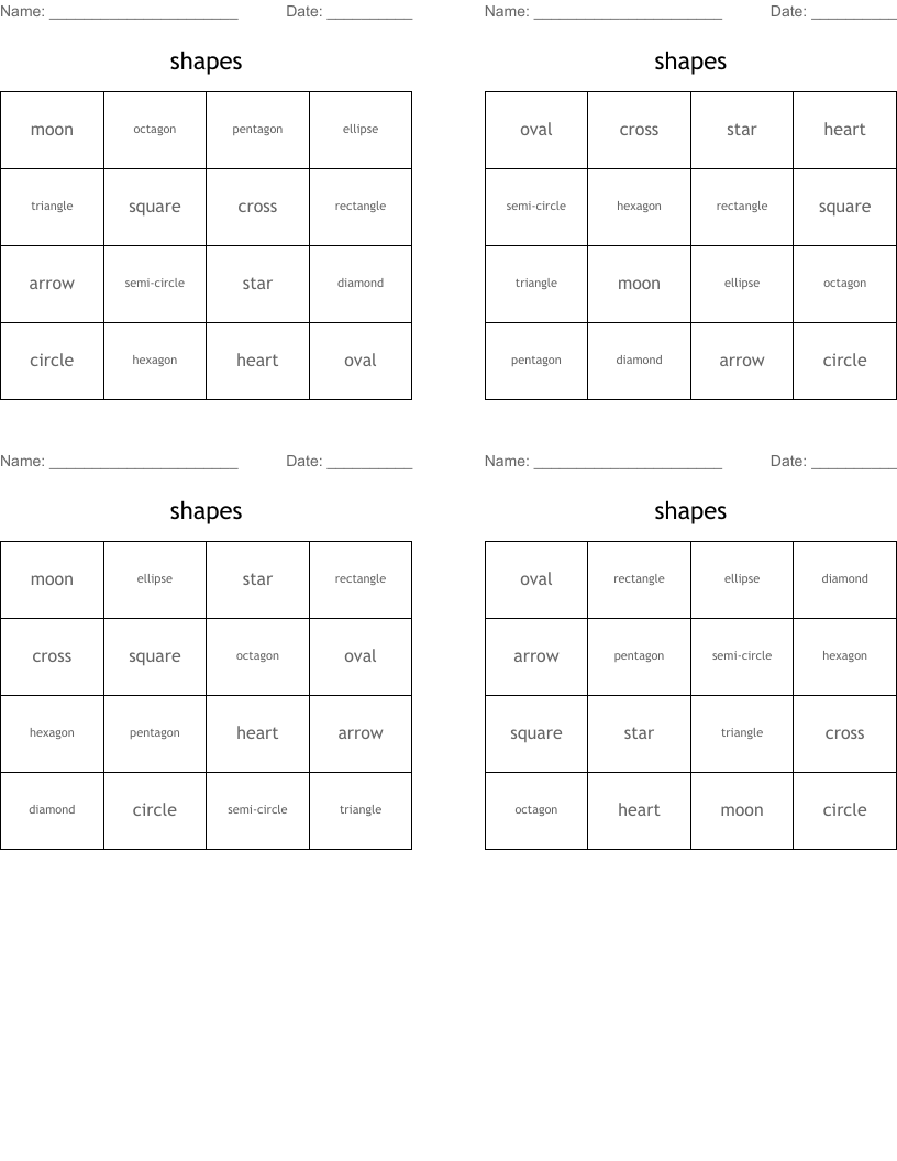 shapes Bingo Cards