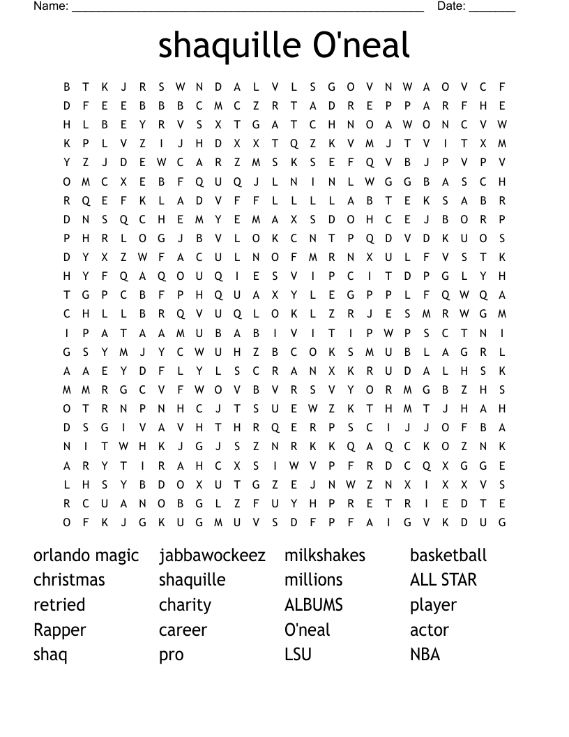 shaquille O'neal Word Search