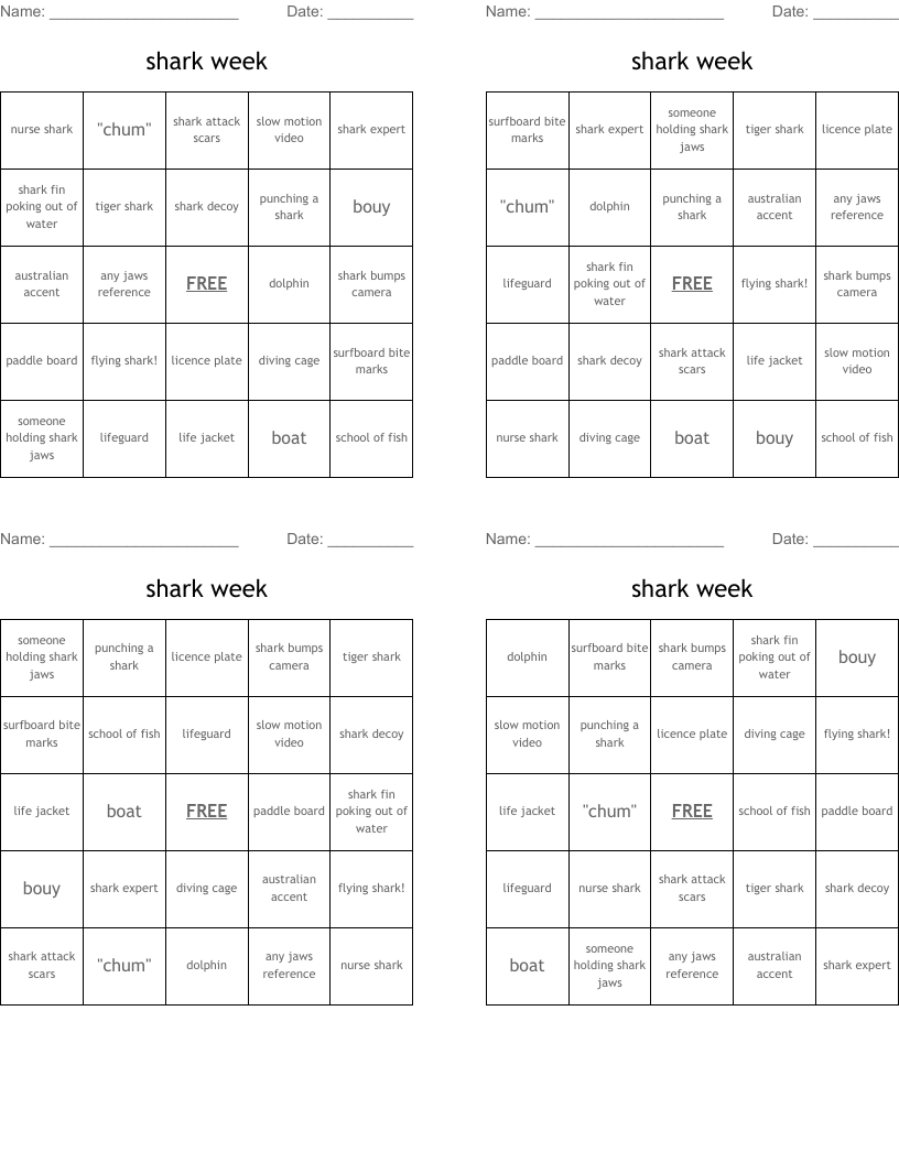 shark week Bingo Cards