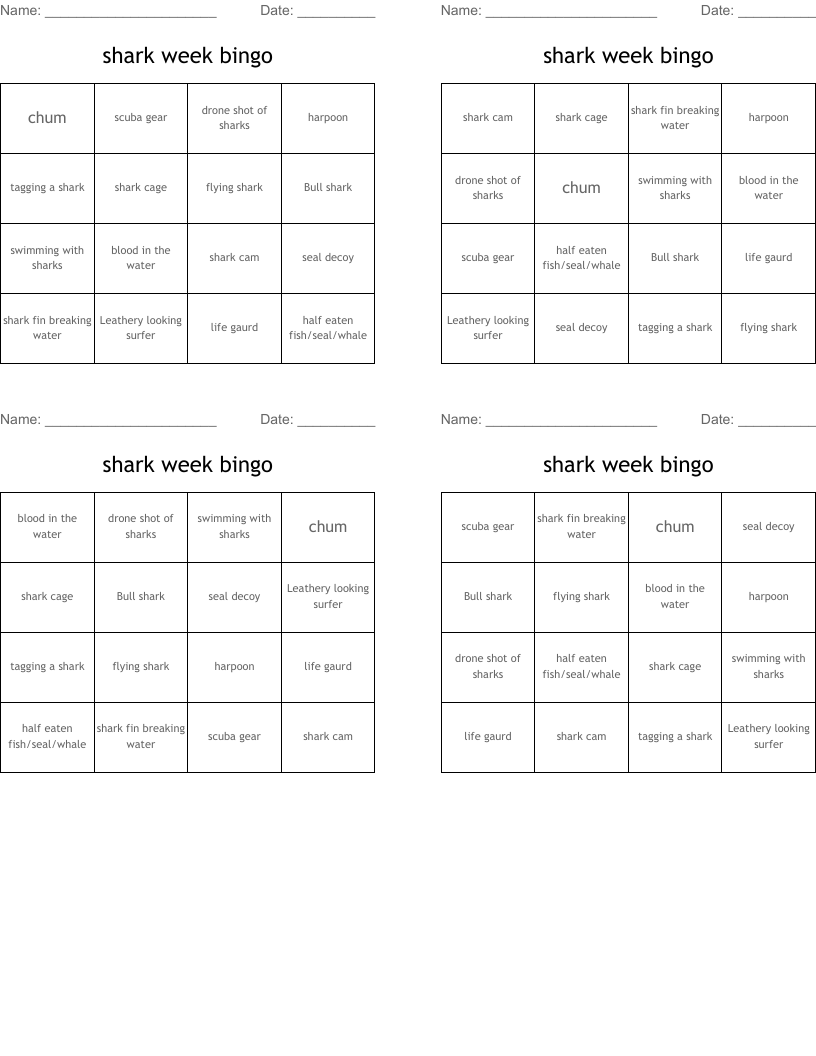 shark week bingo