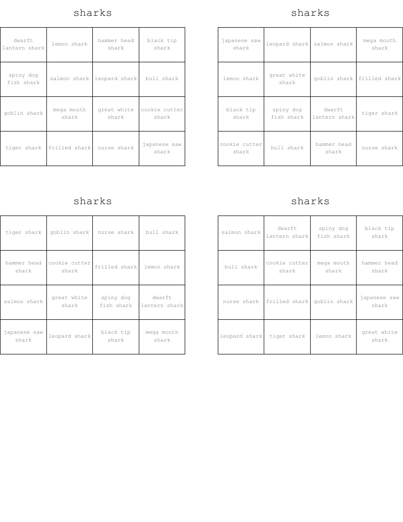 sharks Bingo Cards