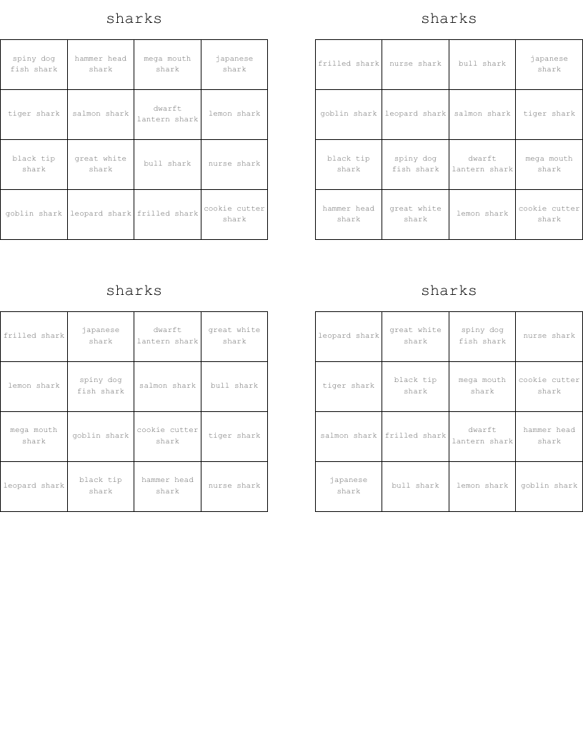 sharks Bingo Cards