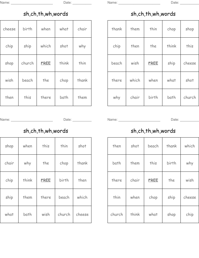 sh,ch,th,wh,words Bingo Cards