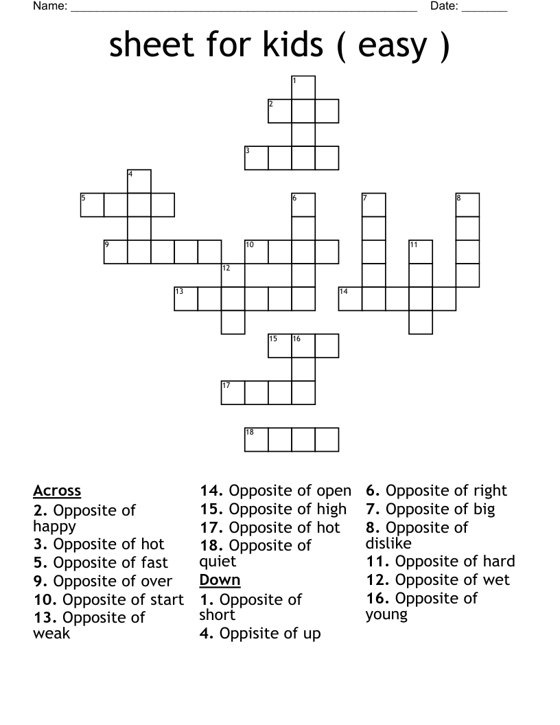 sheet for kids ( easy ) Crossword