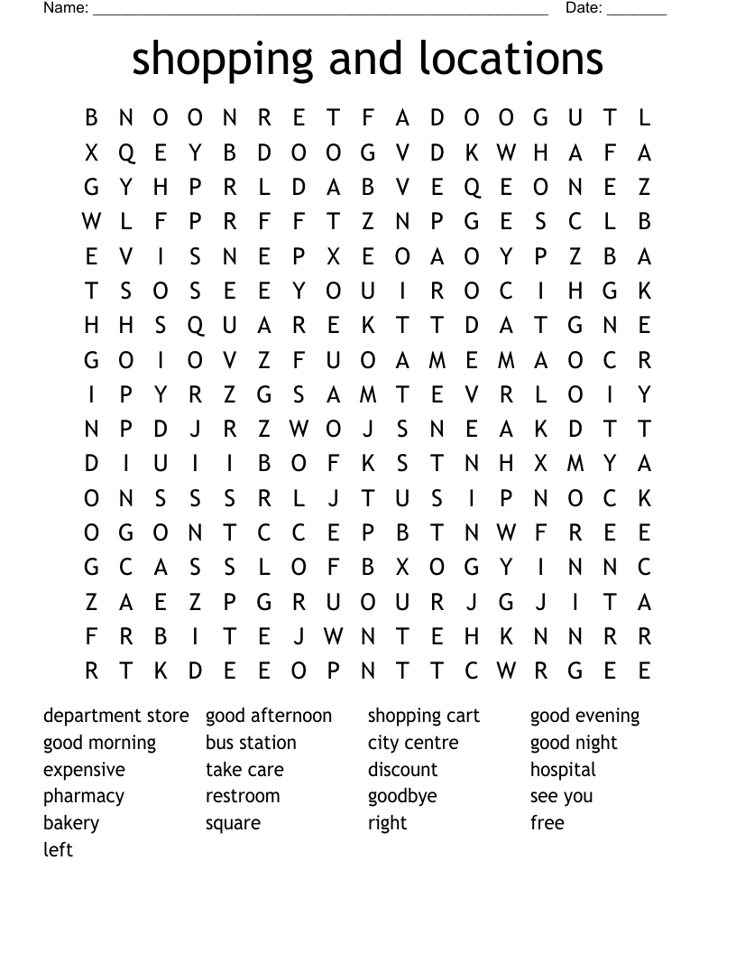 shopping and locations Word Search