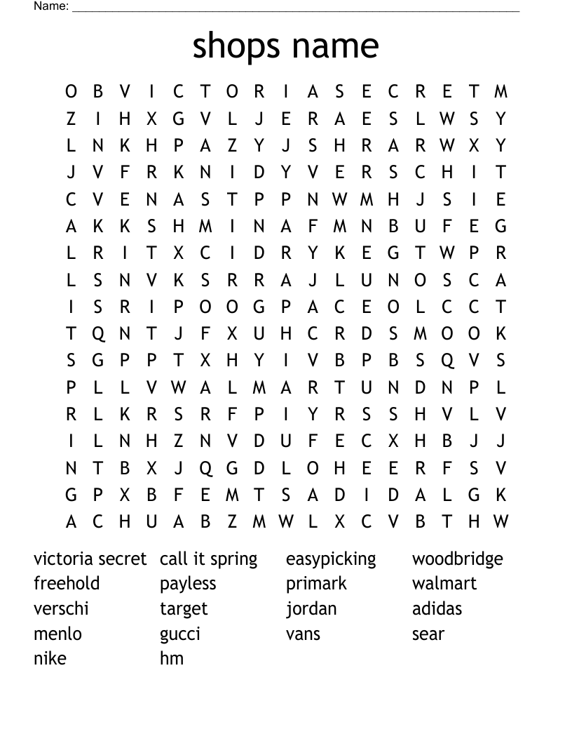 shops name  Word Search