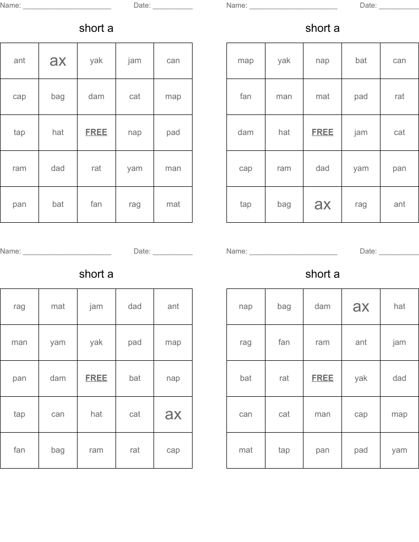 short a Bingo Cards