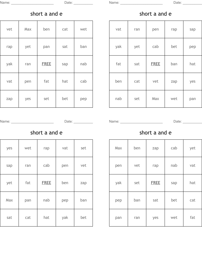 short a and e Bingo Cards