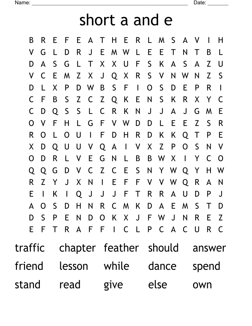 short a and e  Word Search
