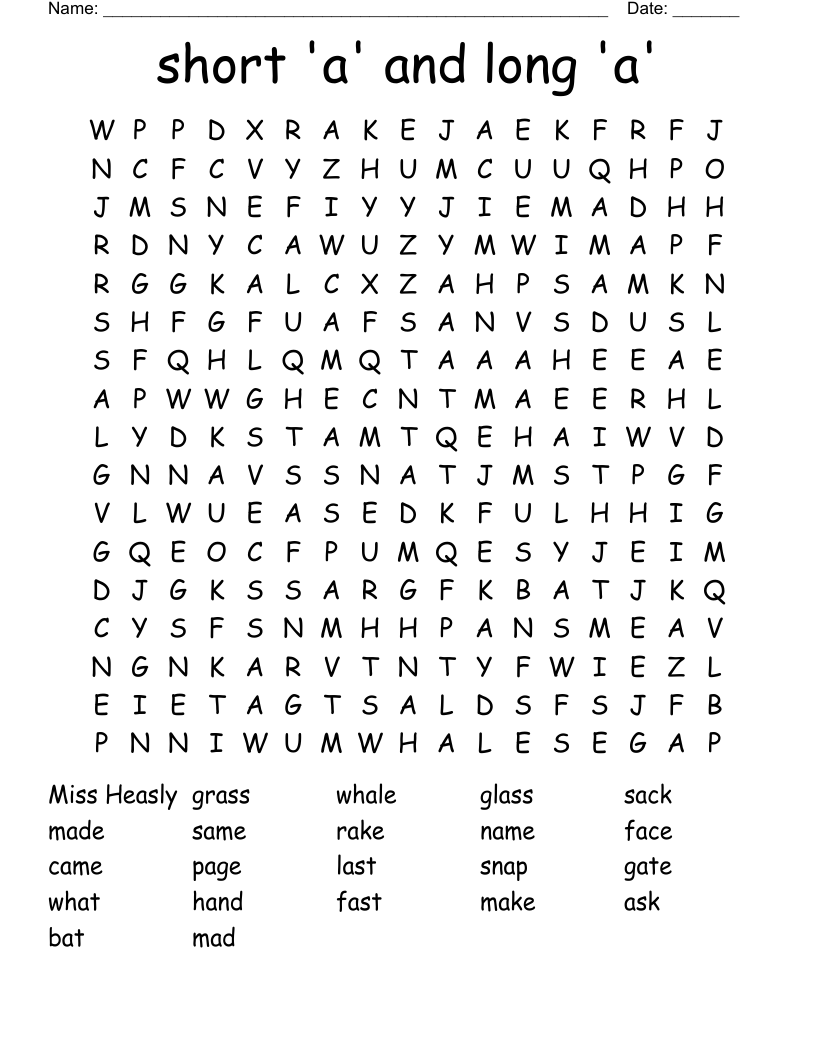 short 'a' and long 'a' Word Search