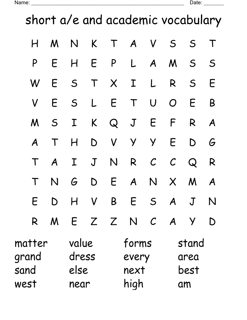 short a/e and academic vocabulary Word Search