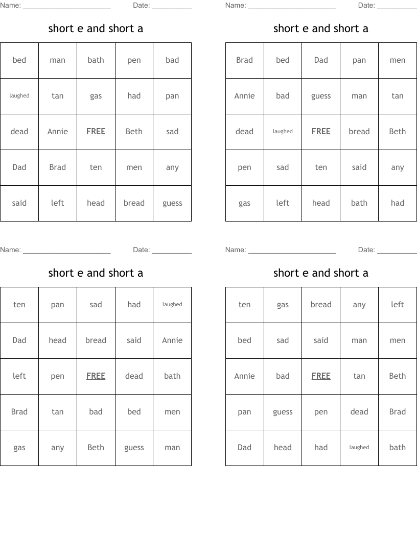 short e and short a Bingo Cards