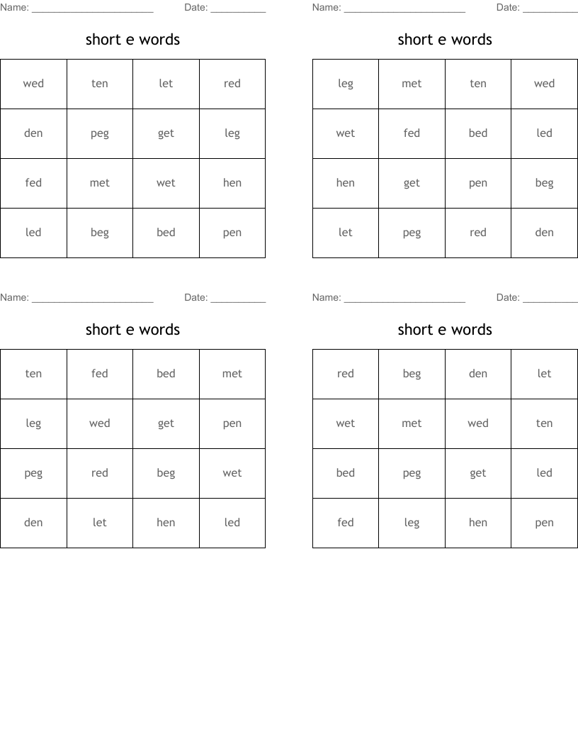 short e words Bingo Cards