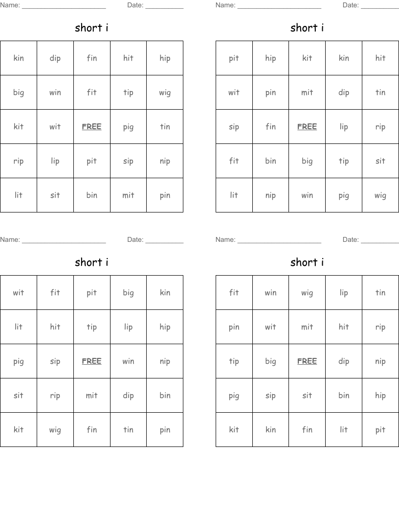 short i Bingo Cards