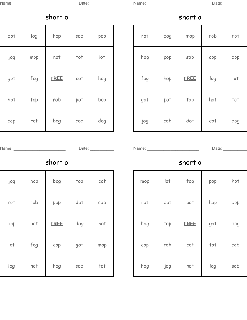 short o Bingo Cards