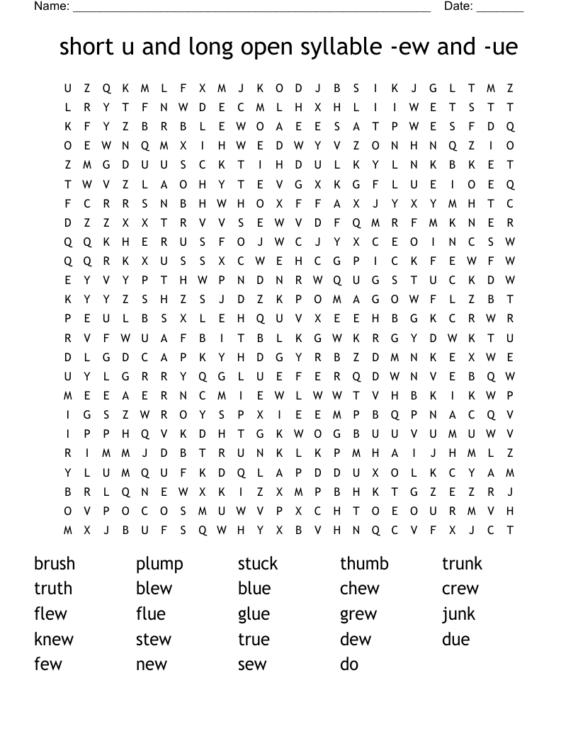 short u and long open syllable -ew and -ue Word Search