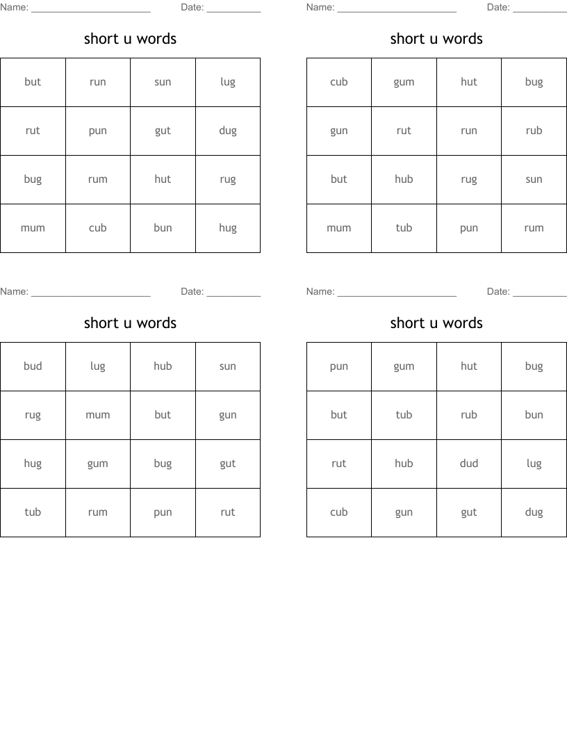 short u words Bingo Cards