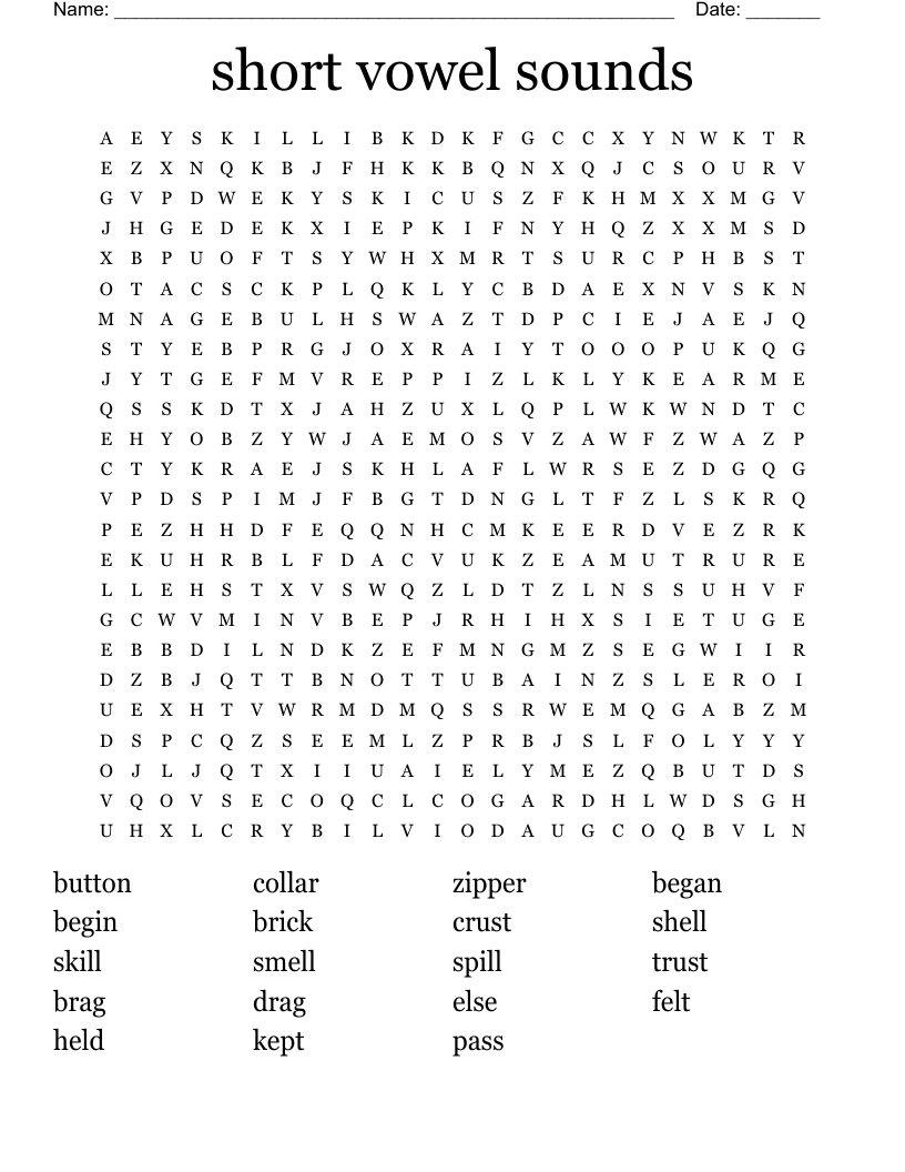 short vowel sounds Word Search
