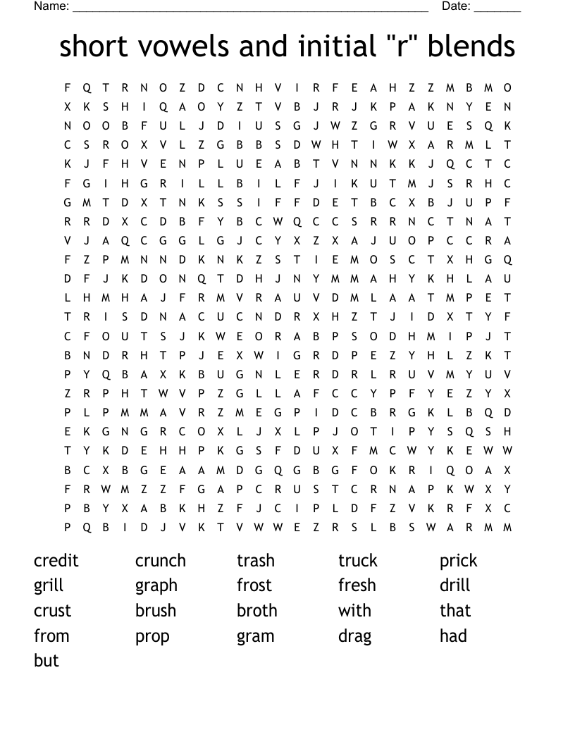 short vowels and initial "r" blends Word Search