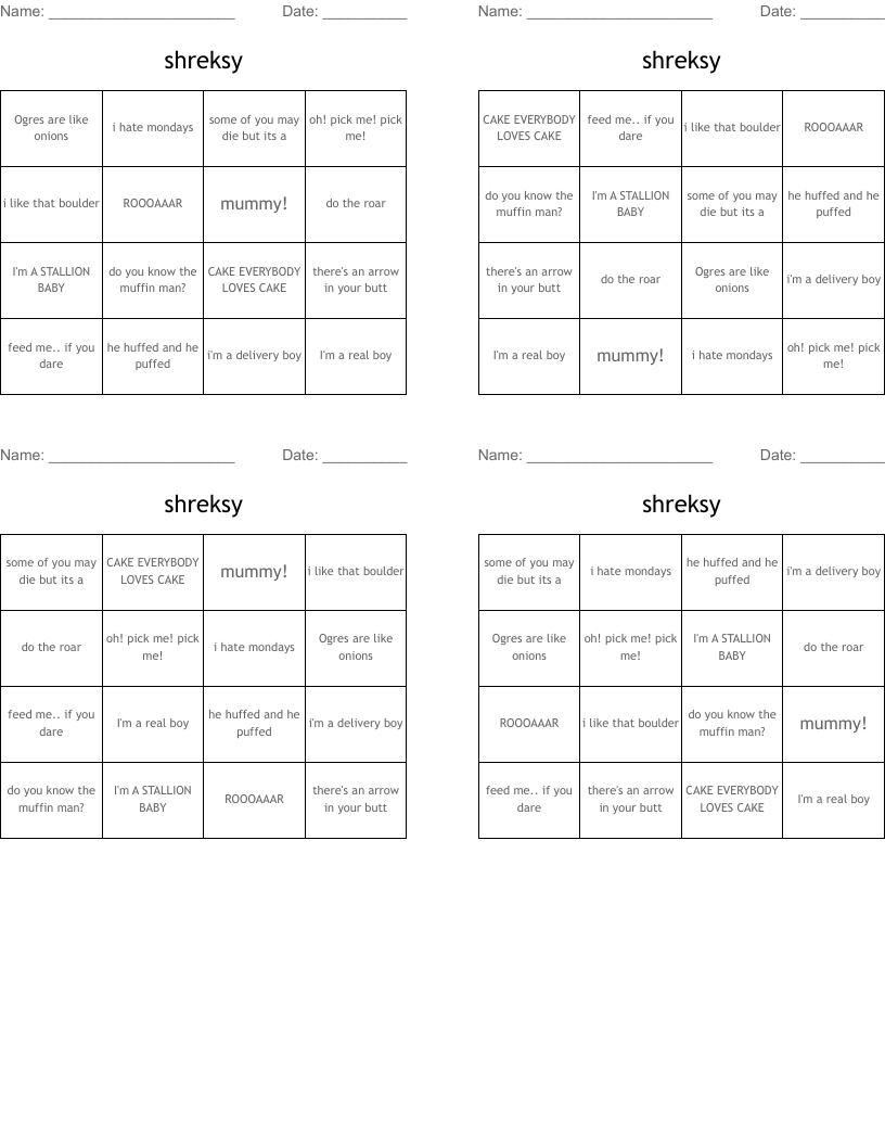 shreksy Bingo Cards