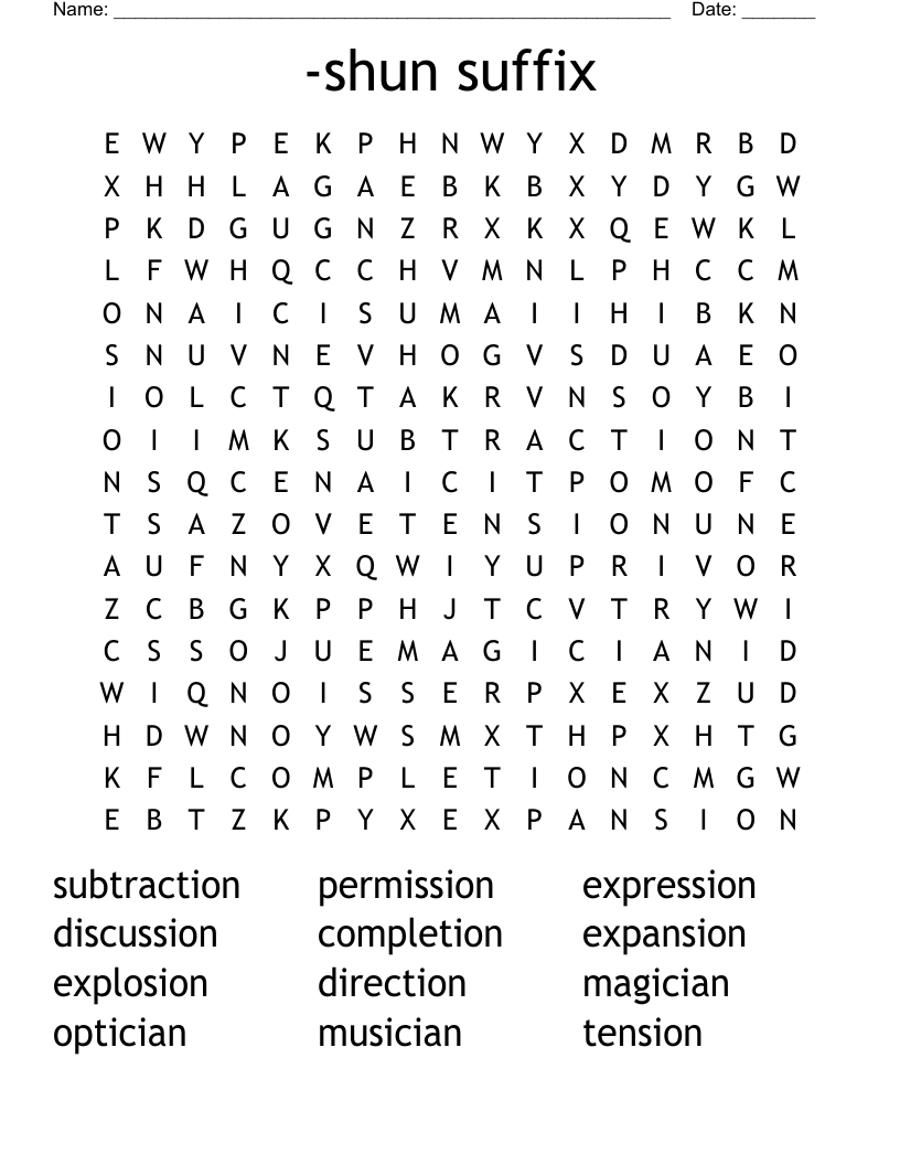 -shun suffix Word Search