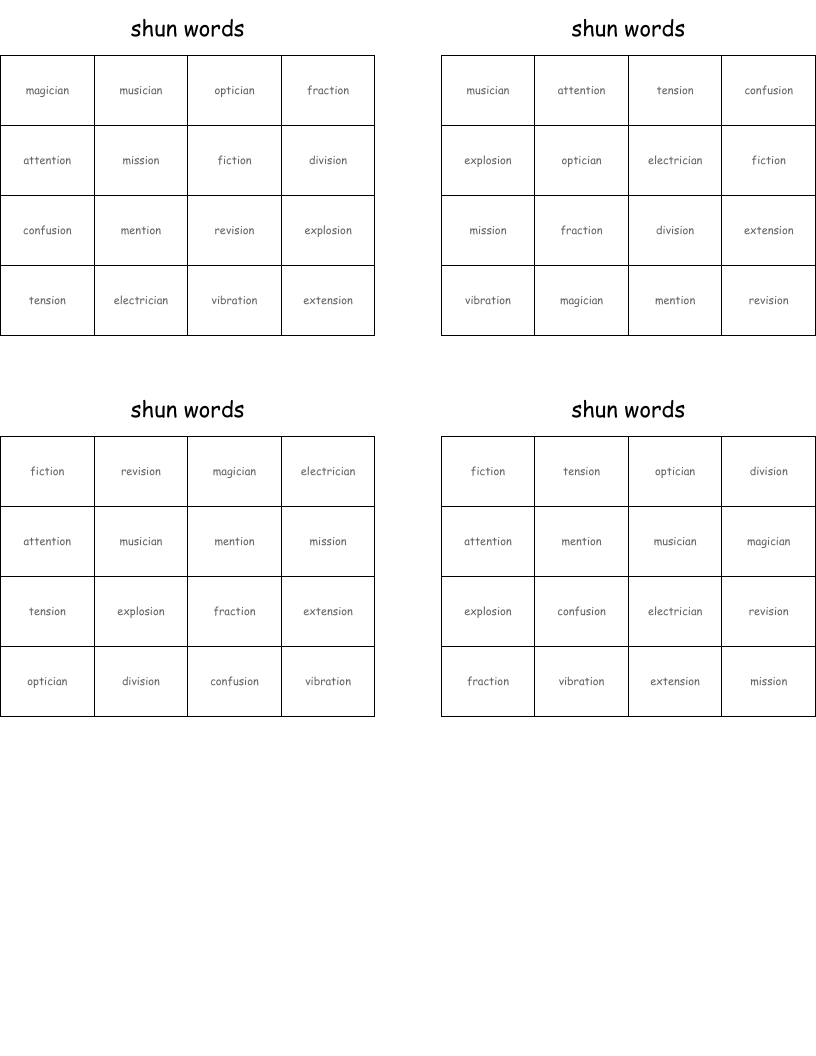 shun words Bingo Cards
