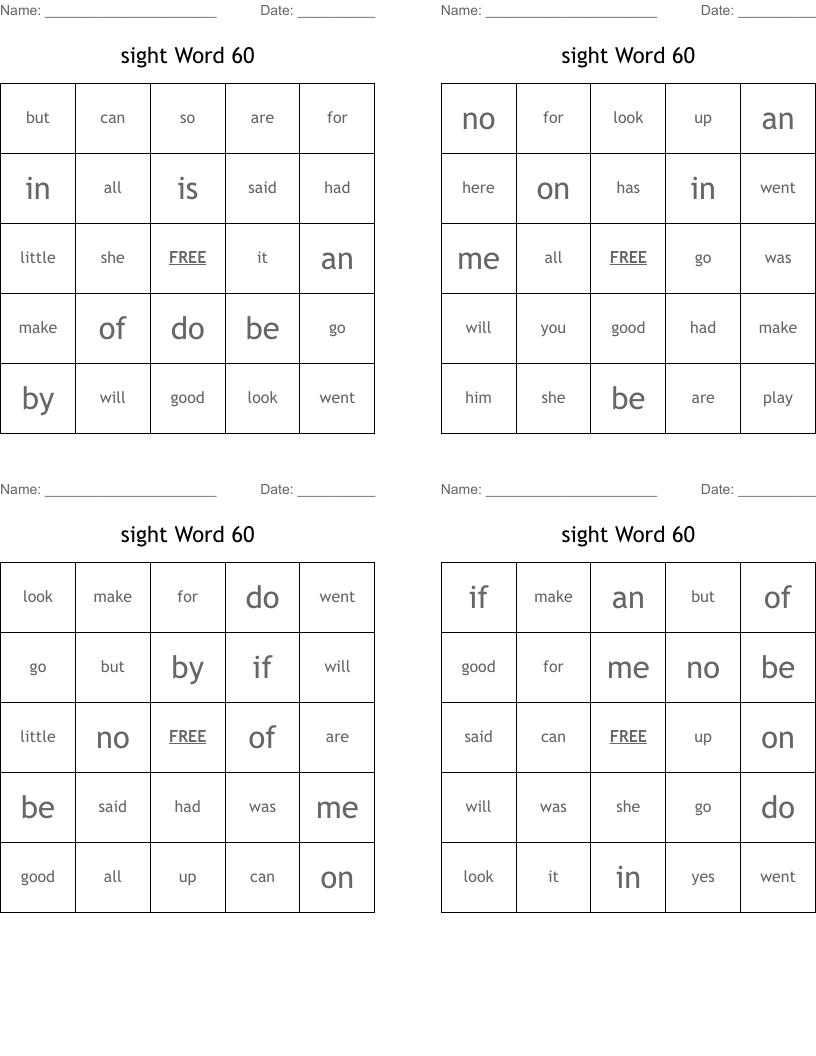 sight Word 60 Bingo Cards