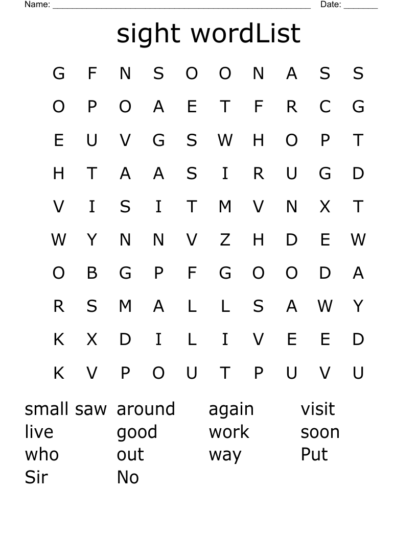sight wordList  Word Search