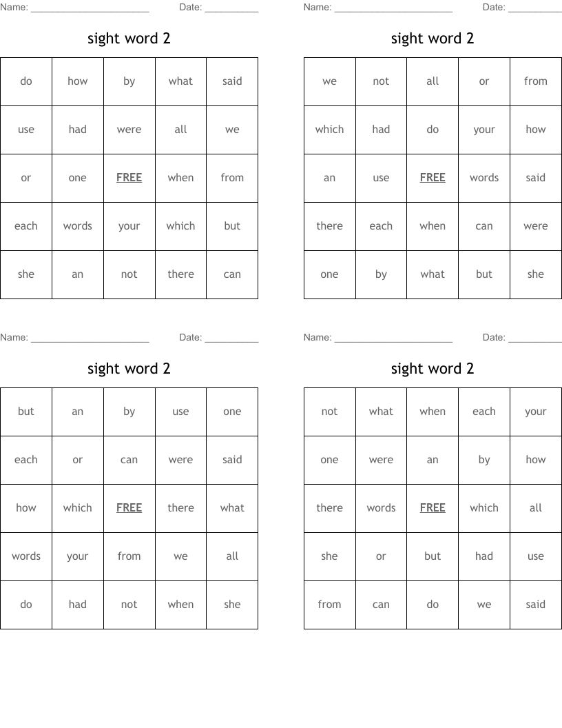 sight word 2 Bingo Cards