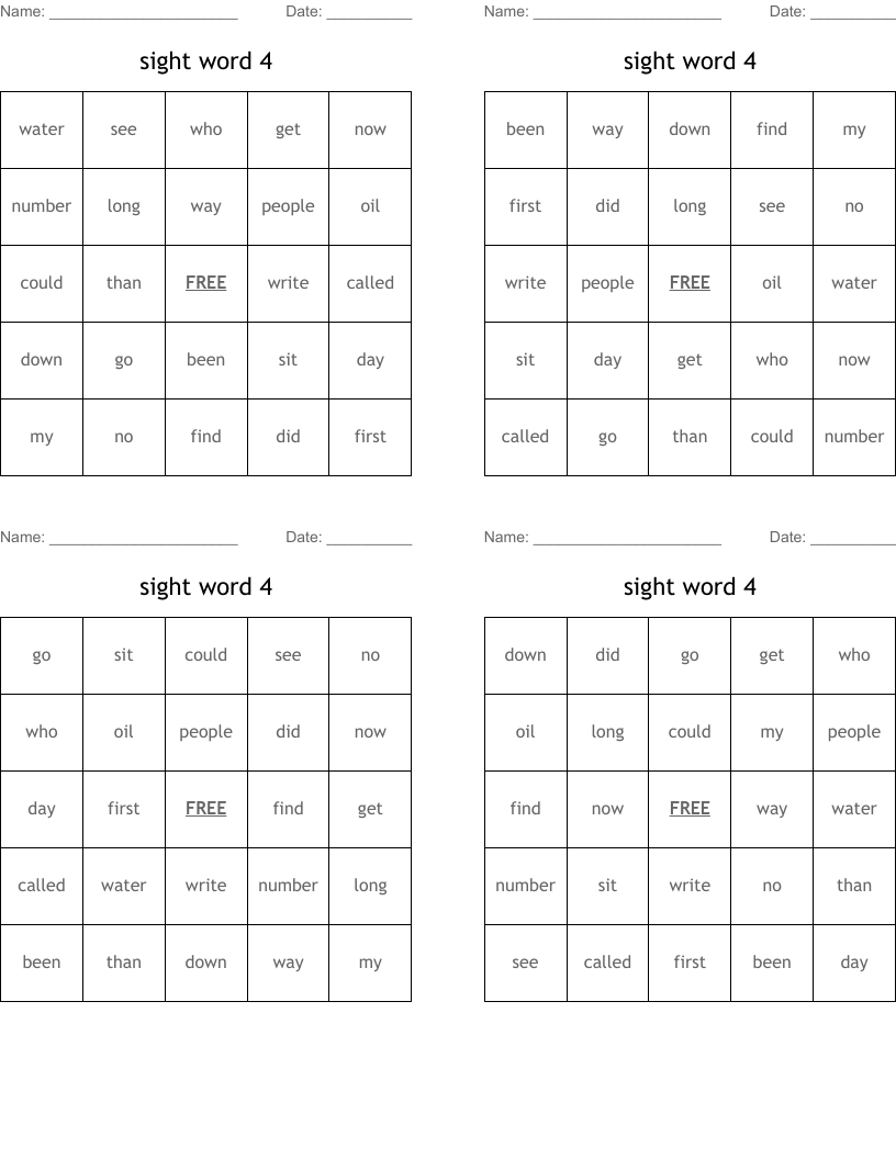 sight word 4 Bingo Cards