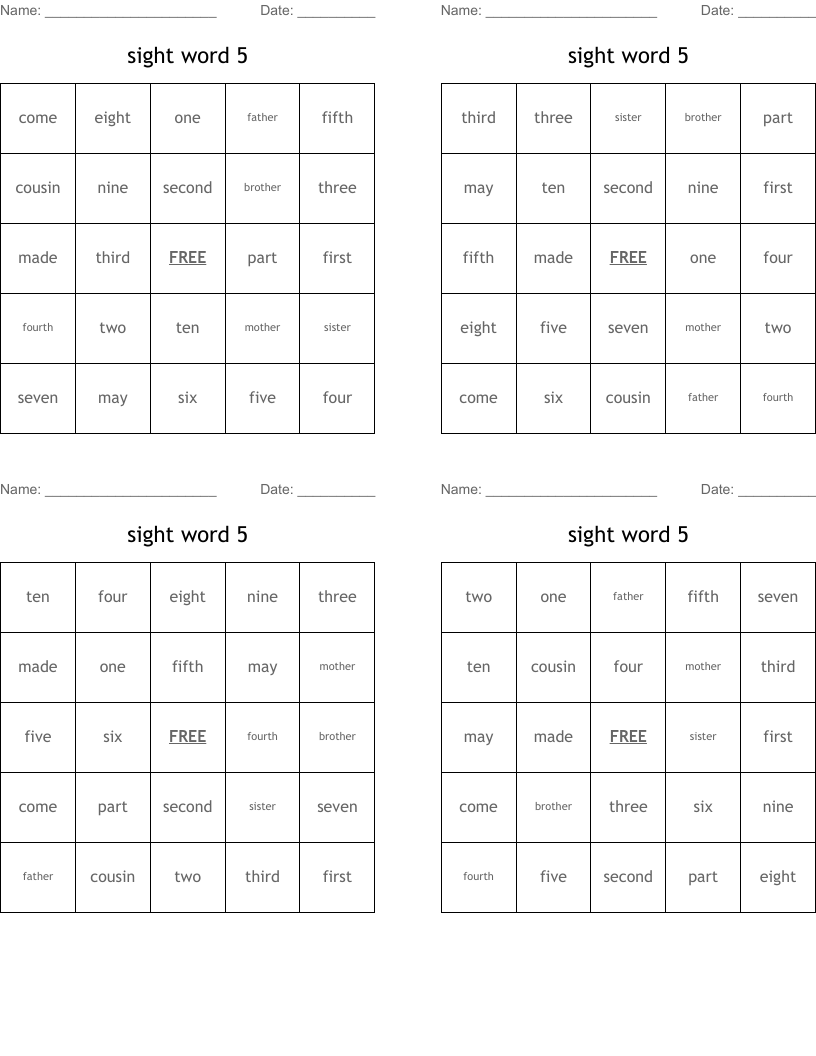 sight word 5  Bingo Cards