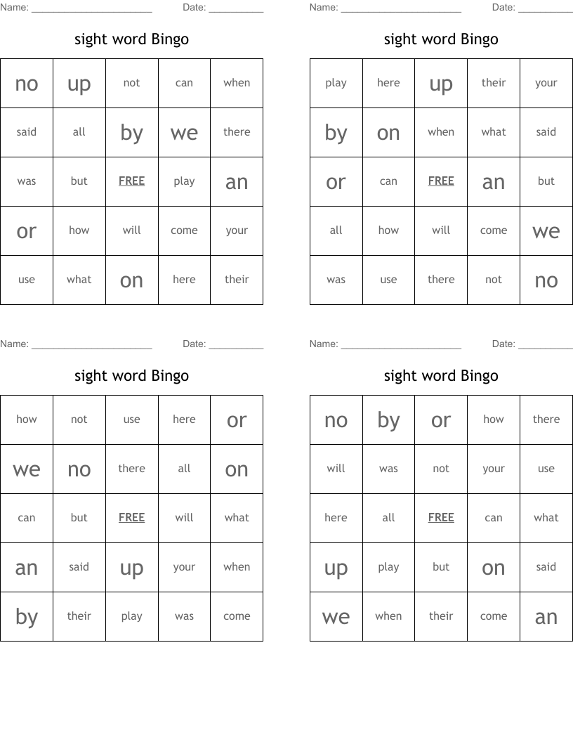 sight word Bingo