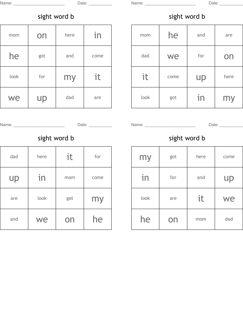 sight word b Bingo Cards