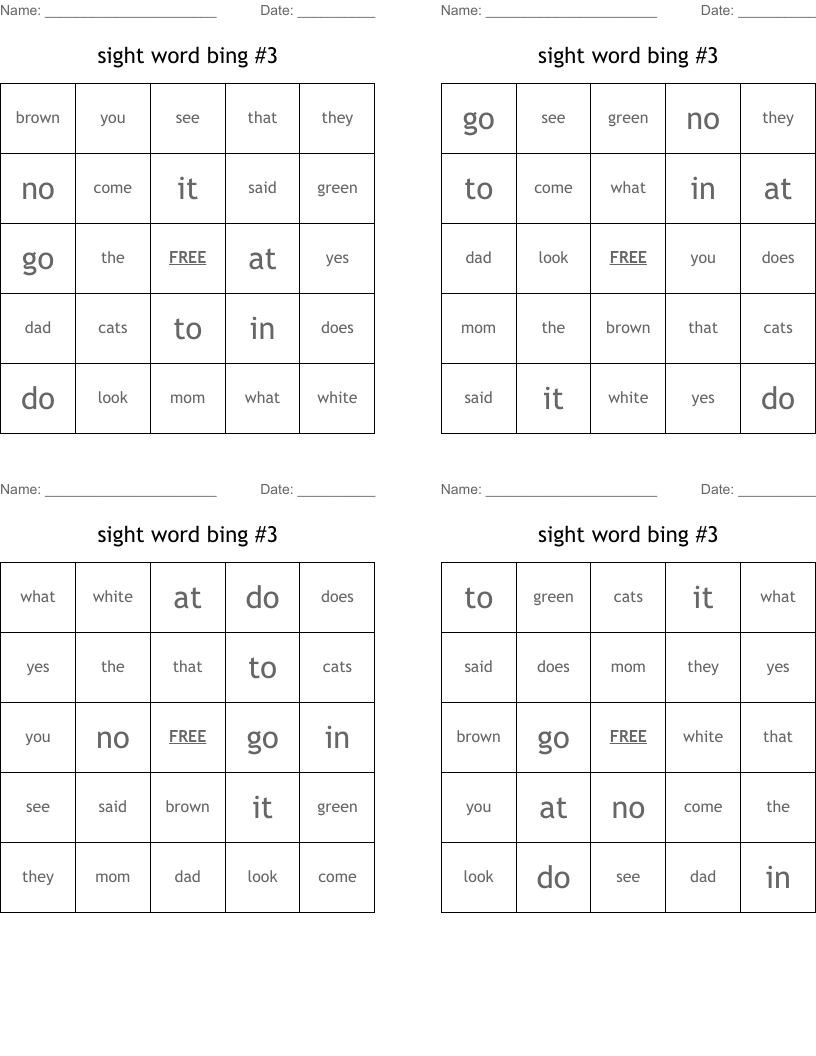 sight word bing #3 Bingo Cards