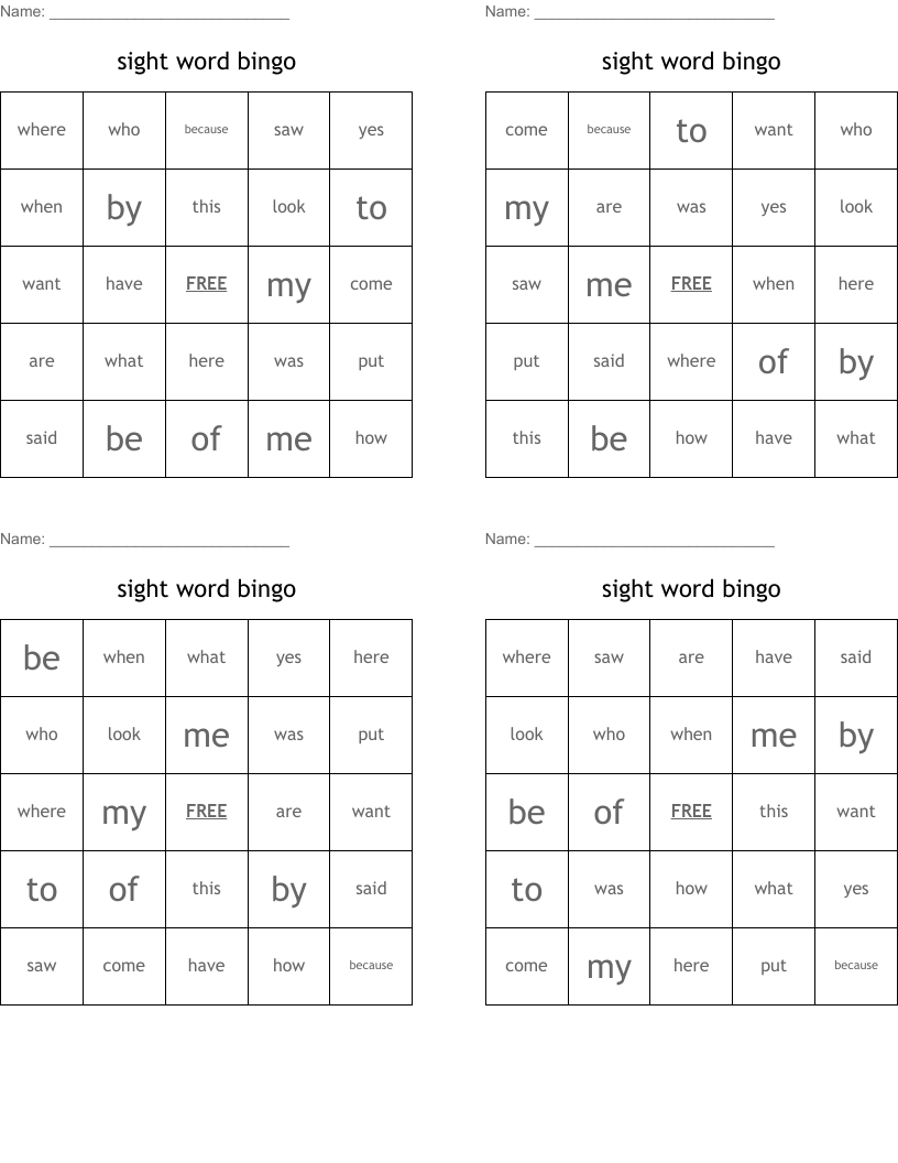 sight word bingo